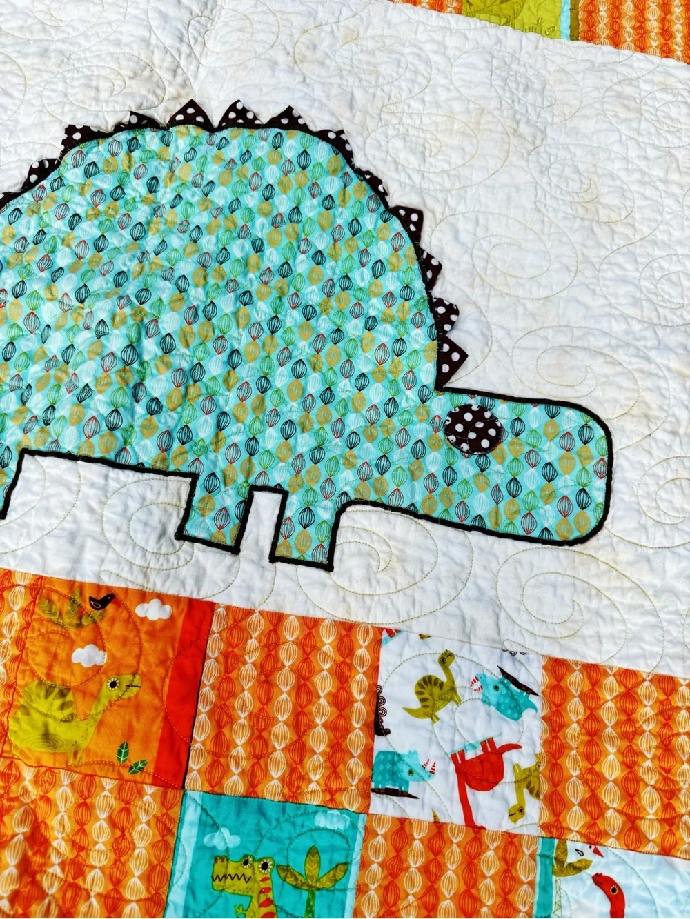 Playful Dino Patchwork Handmade Baby Quilt - Aqua & Orange